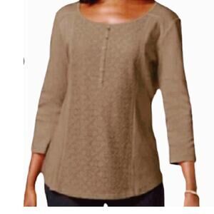 2 For $5 Sale NWT Karen Scott Brown Eyelet Lace Henley Top  XS